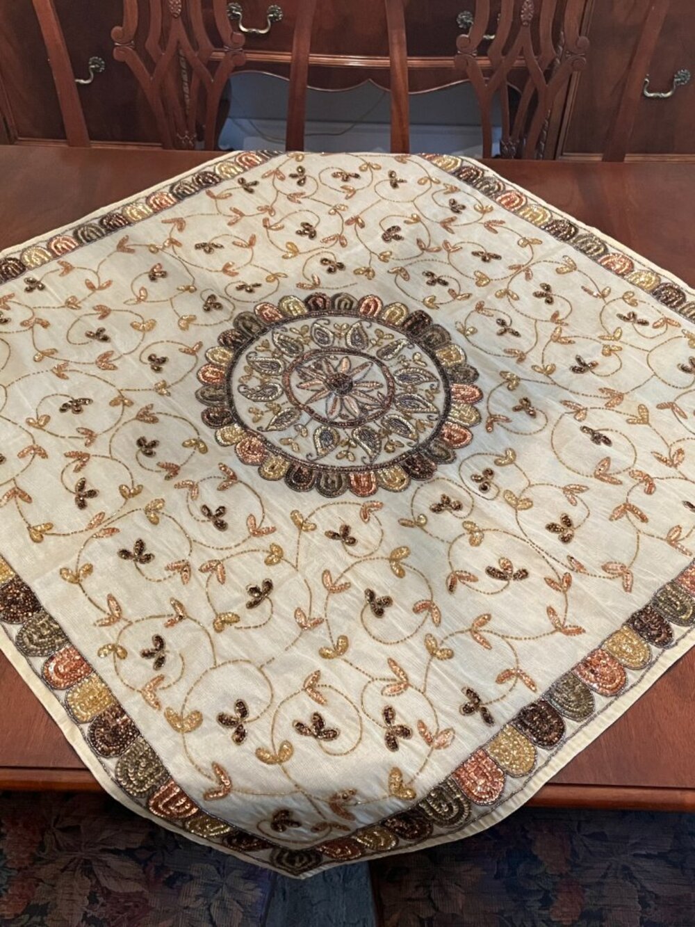 Handcrafted Beaded/Embroidered Table Overlay - Picture 2 of 9